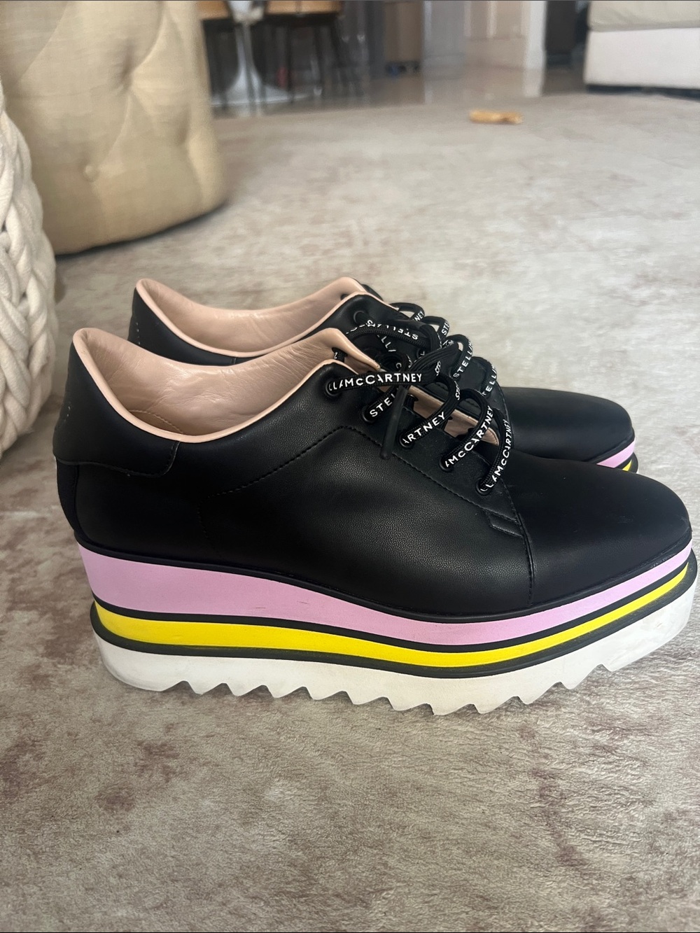 Stella McCartney Black Platform Sneakers with Pink & Yellow Layered Sole